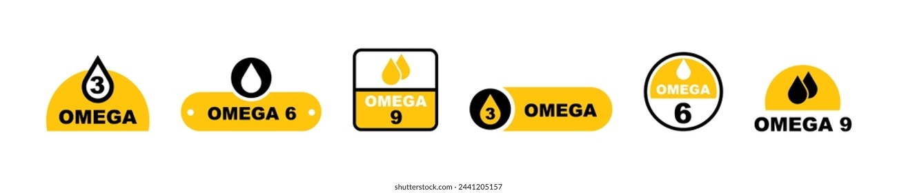 Set of omega 3,6 and 9 vector icons. Fish fat. Essential vitamin. Healthy natural product.