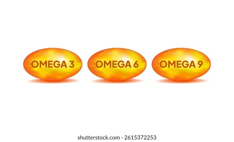 Set of omega. EPA. DHA. Omega complex. Omega 3, 6, and 9. Essential fatty acids. Healthy nutrition supplements. Vector illustration	