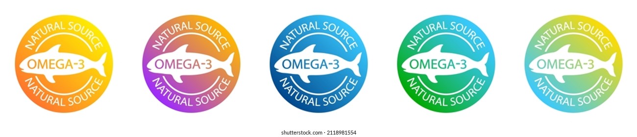 Set of Omega-3 natural source stamps. Logo or label. Fish icon. Healthy fat. Vitamins. Fish oil	