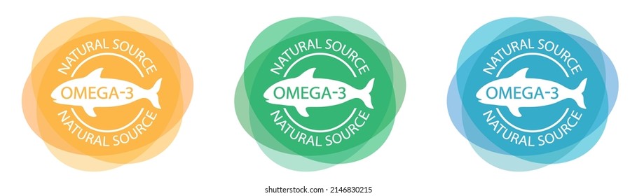 Set of Omega-3 natural source stamps. Logo or label. Fish icon. Healthy fat. Vitamins. Fish oil	