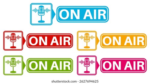 set on air sign icon. Live broadcast symbol sign sticker label template design vector illustration
