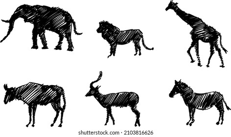 Auf Tieren Afrikas, skizzenhafte Silhouetten von Elefanten, Löwen, Giraffen, Gnu, Impala und Zebra.