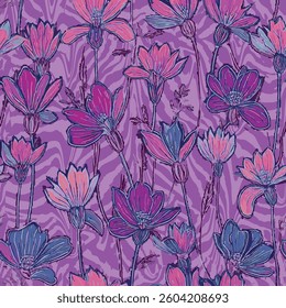is set on a background decorated with wavy purple and pink stripes, which gives the pattern a dynamic vibrancy