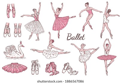 Se coloca sobre un ballet temático con los personajes de bailarinas en la ilustración vectorial de estilo boceto aislada sobre fondo blanco. Ballerinas en una colección de poses de baile.