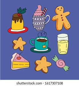 Set on blue background from holiday food and beverages. for design of cards, signs and menus for cafes.