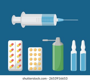 Conjunto en fondo azul, medicamentos, tabletas, cápsulas, jeringa, ampollas, medicamentos, medicina, médico, hospital