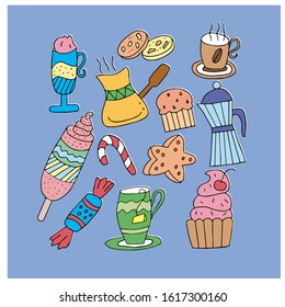 Set on a blue background from several objects - cups with tea and coffee, cake, ice cream, candy. For the design of holiday cards, signs and menus for cafes.