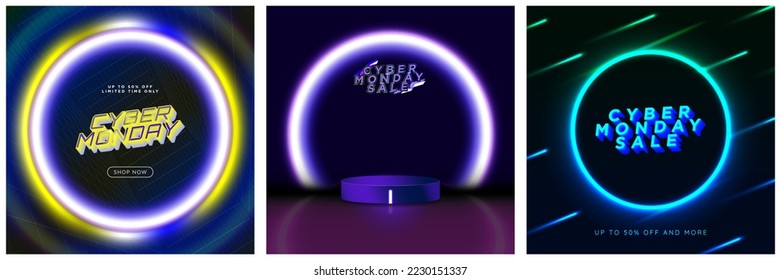 Set on Bright Neon Cyber Monday Sale Card posters designs and 3d rendered neon lighting interior studio with product display podium. Vector Illustration. EPS 10. 