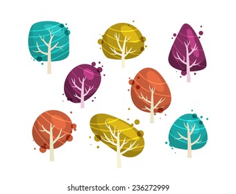 Set on cartoon abstract bright vector trees isolated on white.