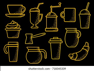 Set on coffee theme, yellow outline on black background, vector illustration