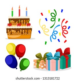 Set on the day of birth. Cake, balloons and gifts on a white.