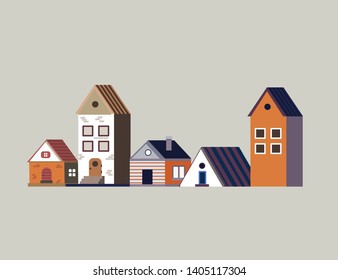 Set on european houses on a white background. Flat cartoon vector illustration on white background.