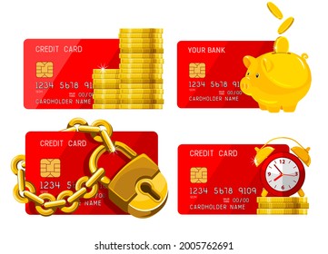 Set on finance and banking theme with chipped credit card, bunch of golden coins, padlock, piggy bank and alarm clock. Concepts of wealth, savings money, receiving a cash back. Vector illustration.