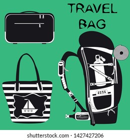 Set on a green background containing bags for travel, tourism and recreation.