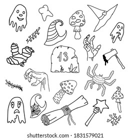 Set on Halloween which has ghosts, witch hats, mushrooms, trash, man's hand, tooth, spider, plants, axe with blood.