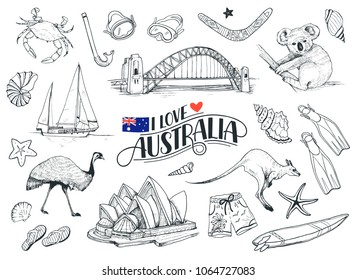 Set on hand drawn Australian symbols. Sketches of Australia opera, bridge, kangaroo etc isolated on white background. Vector illustration Set on hand drawn Australian symbols. Sketches of Australia opera, bridge, kangaroo etc isolated on white background. Vector illustration
