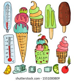 Set on an isolated white background frosty freshness. Collection of ice cream, thermometer in, ice cubes and fruits. Ice cream in a horn, on a stick and in a waffle glass. Cherry, orange, lime. 