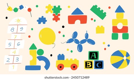 Set on a kindergarten theme. Collection with different toys for children.