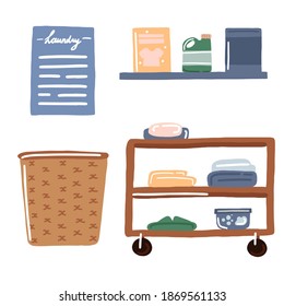 Set on a laundry theme. Isolated items: poster, laundry detergent, laundry basket, folded clothes and a table on wheels.