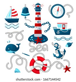 Set on a marine theme in a cartoon style. Lighthouse, anchor, lifebuoy, boats , and more. Vector image isolated on a white background.