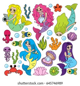 Set on the mermaids and sea animals, vector illustration