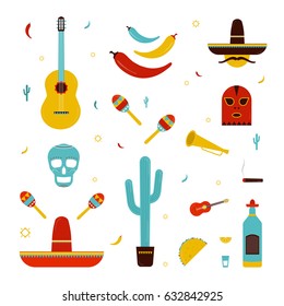 Set on a mexico theme. Different mexican bright icons collection: maracas, cactus, hat, guitar, mask, pepper, tequila, skull,  trumpet. Colorful vector illustration.