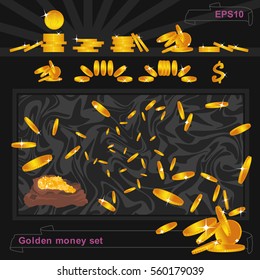 Set on money. Flying gold coins.. gold coins Stacked. Casino background. A lot of gold coins. Vector illustration.