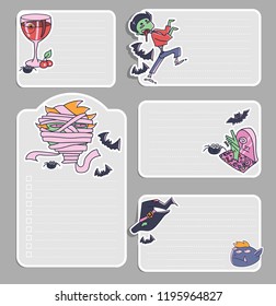 Set on notes templates with Halloween doodles. Vector stickers design set for notes, magnets, copybooks etc