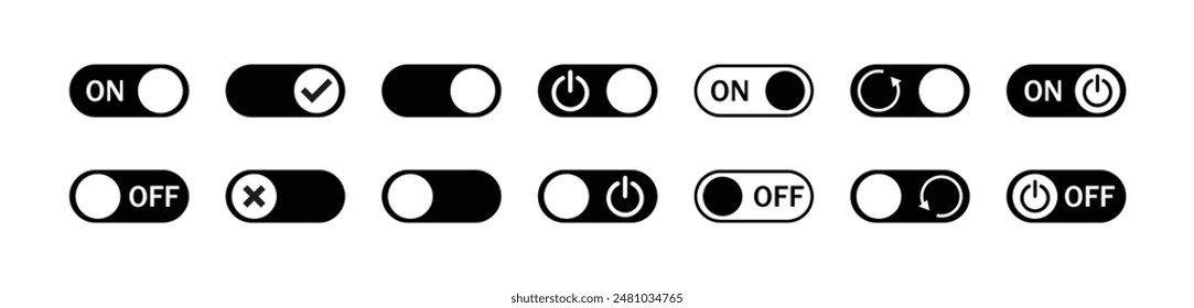 Set of on and off button. Power on or off button. Set of switch button icon set. Turn on and turn off switch button. On and off toggle switch buttons. vector illustration.