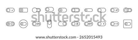 Set of On Off, Switch Related Line Icons. Outline Signs for Graphic and Web Design, Apps, Adverts, Various Cards 