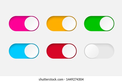 Set of On and Off toggle switch buttons.Design colorful switch buttons set.Toggle slide for mobile app, social media. vector eps10