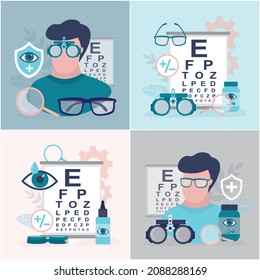 Set on ophthalmology and optics. Collection on vision testing. Ophthalmic eye test equipment. Patient with ophthalmologist chooses glasses. Eyesight diagnostics, eye examination. Vector illustration