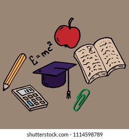 Set on a school theme. Vector illustration of a textbook, calculator, apple and pencil set on a school theme.