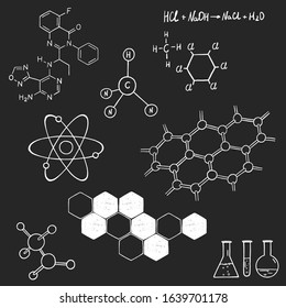 Set on science and chemistry. Structure of the DNA molecule, atoms, molecular structure. White outline on a dark background. Vector illustration in sketch style. Hand-drawn.