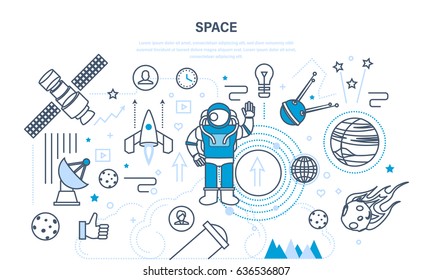 Set on a space theme, including a transport, cosmonaut, planets and related objects, satellites, instruments for tracking the cosmos. Illustration thin line design of vector doodles