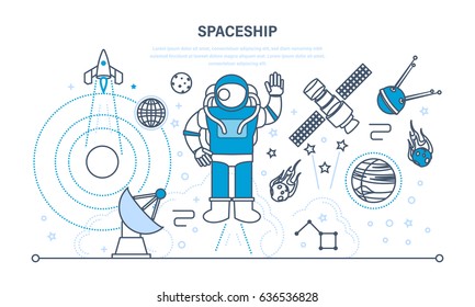 Set on a space theme, including a transport, cosmonaut, planets and related objects, satellites, instruments for tracking the cosmos. Illustration thin line design of vector doodles