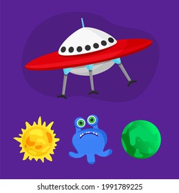 A set on a space theme. UFO, planet, sun, humanoid, alien, flying saucer. Vector illustration in a flat style on a purple background.