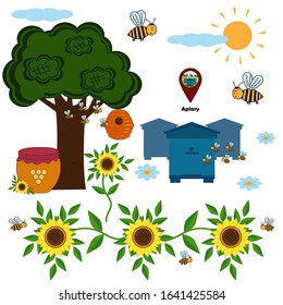 Set on the theme apiary bees honey flowers, colored isolates on a white background, vector illustration