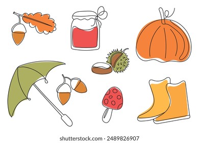 Set on the theme of autumn in one line style. Vector image of leaves, pumpkin, umbrella in a continuous line. For the autumn holidays for flyers, banners, covers, eps 10