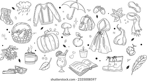 Set on the theme of autumn in the style of black and white doodle. Vector image by September 1 for flyers, banners, covers.