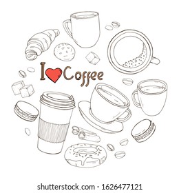 Set on the theme of coffee in the form of a circle. Cups of coffee, pastries, sweets and coffee beans. I like coffee. Dark outline on a white background. Vector illustration in sketch style.