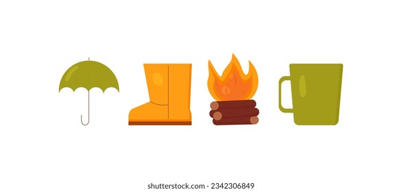 Set on the theme of comfort and warmth in autumn.
A burning campfire, ugg boots, a green umbrella, a green cup for a warming drink.
Vector illustration isolated on white background.