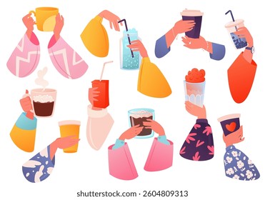 Set on theme, concept of drinks for takeaway or restaurant or cafe. Various bright vector illustrations drawn entirely by hand isolated on white background. People's hands drinks