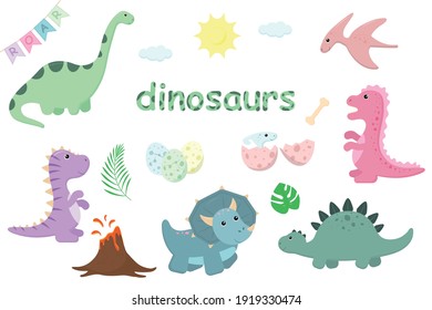 A set on the theme of dinosaurs, various dinosaurs, eggs, bones, sun, clouds, garland with flags, volcano, palm leaves. Vector illustration.