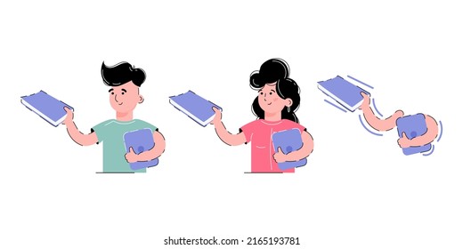 Set on the theme of education. A girl and a boy are holding a textbook, a book in their hands. Element for the design of presentations, applications and websites. Trend illustration. 