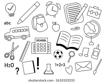 Set on the theme of education outline icon vector
Vector icon set school, education
Backpack, notebook, book, bus