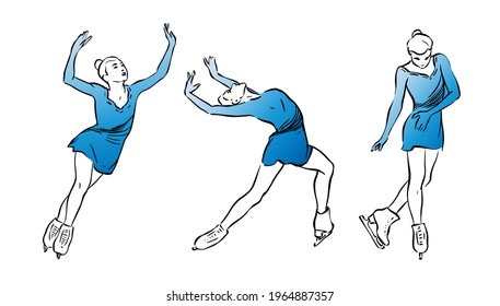 Set on the theme of figure skating. The skater makes different elements. Vector drawing on a white background.