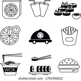 
set on the theme of "food delivery" with sushi, burgers, pizza, drinks, french fries and woks. black and white color vector graphics