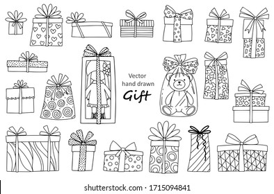 Set on the theme of gifts: gift boxes, doll, Teddy bear. Vector linear illustration for printing, coloring, and other design elements.