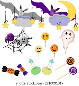 Set on the theme of Halloween. Bats, spiders. ghosts, monster balloons and sweets. Vector flat illustration